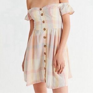 Urban Outfitters Pastel Plaid Off-Shoulder Button Front Dress Size M